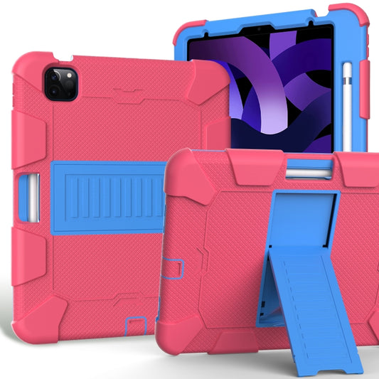 For iPad Air 2022 / 2020 10.9 Shockproof Two-Color Silicone Protective Case with Holder(Rose Red + Blue) - iPad Air (2022) / (2020) 10.9 Cases by buy2fix | Online Shopping UK | buy2fix