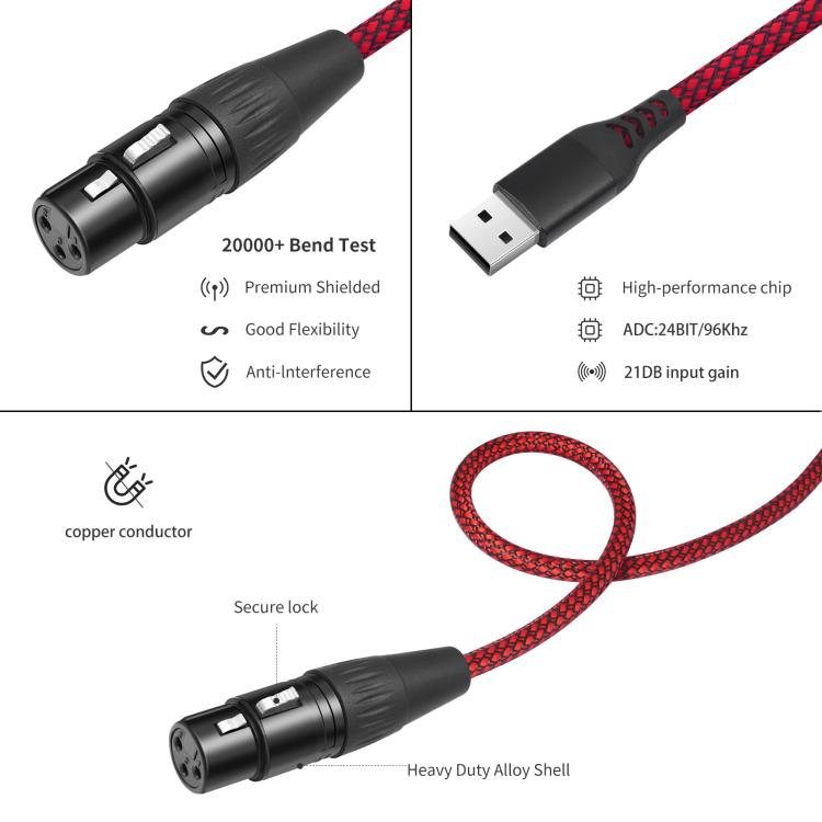USB-A to XLR Female Audio Recording Cable for Dynamic Microphone, Length:2m(Black Red) - Microphone Audio Cable & Connector by buy2fix | Online Shopping UK | buy2fix