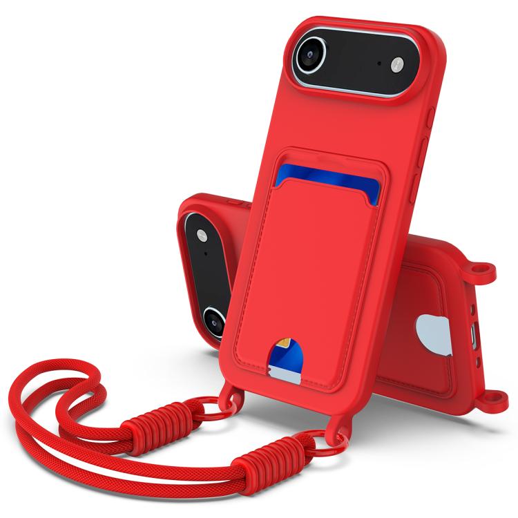 For iPhone Air Integrated Card Bag Solid Color Liquid Silicone Phone Case Gen2 with Short Lanyard(Red) - iPhone Air Cases by buy2fix | Online Shopping UK | buy2fix