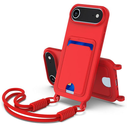 For iPhone Air Integrated Card Bag Solid Color Liquid Silicone Phone Case Gen2 with Short Lanyard(Red) - iPhone Air Cases by buy2fix | Online Shopping UK | buy2fix