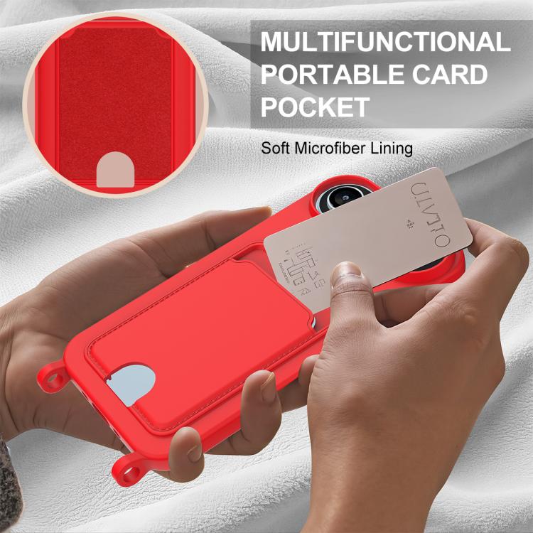 For iPhone Air Integrated Card Bag Solid Color Liquid Silicone Phone Case Gen2 with Short Lanyard(Red) - iPhone Air Cases by buy2fix | Online Shopping UK | buy2fix
