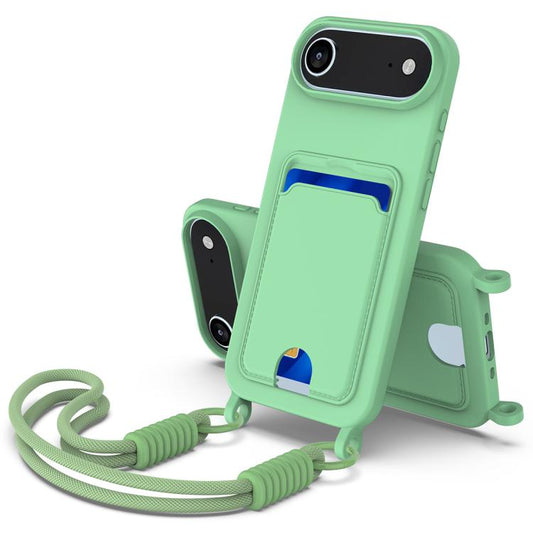 For iPhone Air Integrated Card Bag Solid Color Liquid Silicone Phone Case Gen2 with Short Lanyard(Green) - iPhone Air Cases by buy2fix | Online Shopping UK | buy2fix