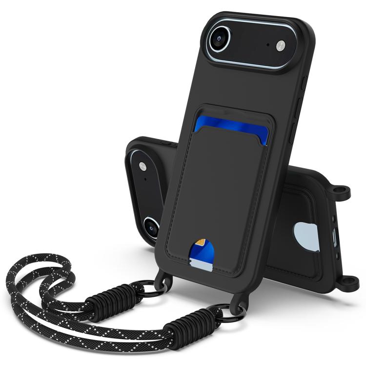 For iPhone Air Integrated Card Bag Solid Color Liquid Silicone Phone Case Gen2 with Short Lanyard(Black) - iPhone Air Cases by buy2fix | Online Shopping UK | buy2fix