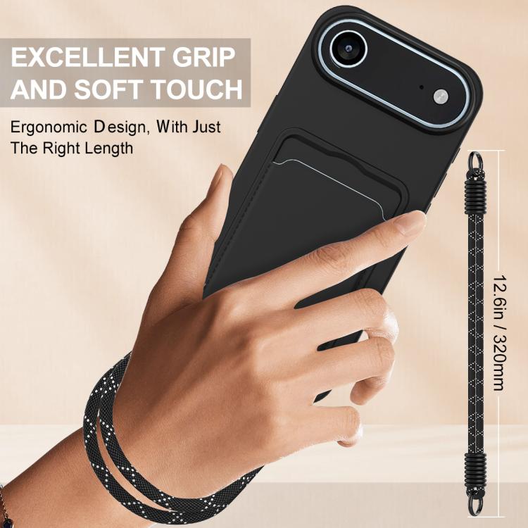 For iPhone Air Integrated Card Bag Solid Color Liquid Silicone Phone Case Gen2 with Short Lanyard(Black) - iPhone Air Cases by buy2fix | Online Shopping UK | buy2fix