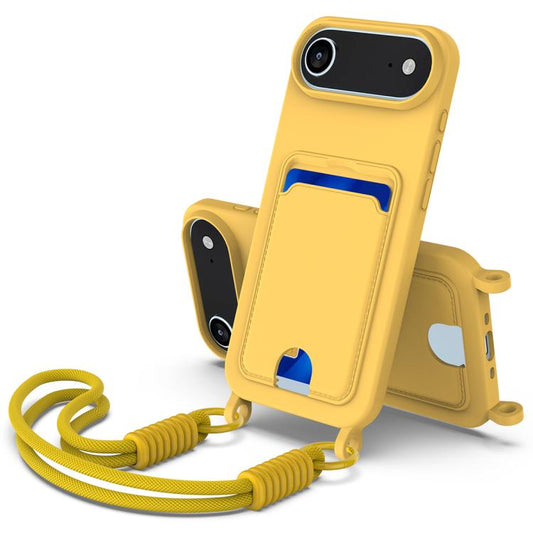 For iPhone Air Integrated Card Bag Solid Color Liquid Silicone Phone Case Gen2 with Short Lanyard(Yellow) - iPhone Air Cases by buy2fix | Online Shopping UK | buy2fix