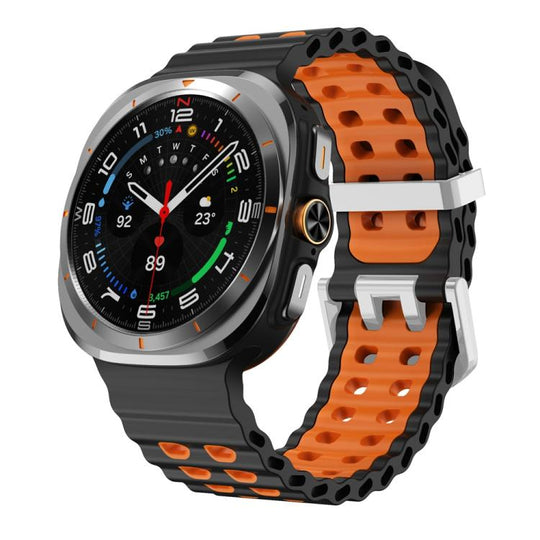 For Galaxy Watch Ultra2 2026 / 2025 / 1 2024 Ocean Two Color Dual-Row Hole Silver Buckle Silicone Watch Band(Black Orange)