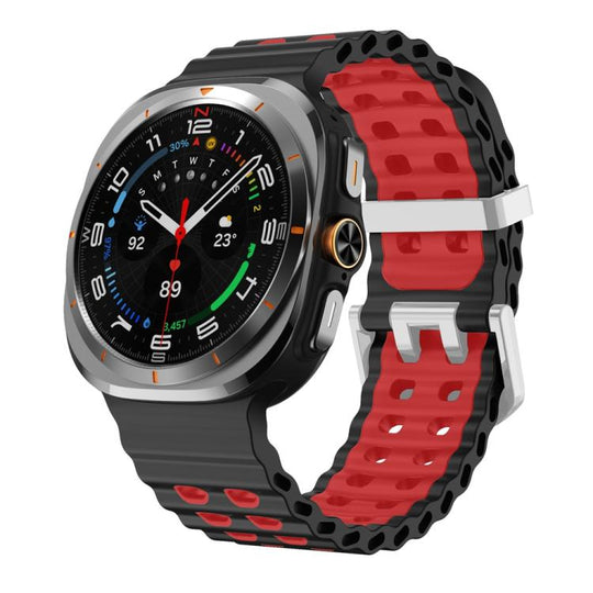 For Galaxy Watch Ultra2 2026 / 2025 / 1 2024 Ocean Two Color Dual-Row Hole Silver Buckle Silicone Watch Band(Black Red)