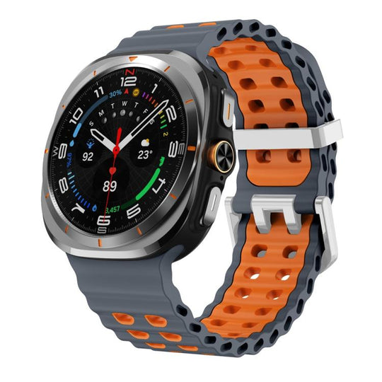 For Galaxy Watch Ultra2 2026 / 2025 / 1 2024 Ocean Two Color Dual-Row Hole Silver Buckle Silicone Watch Band(Space Gray Orange)