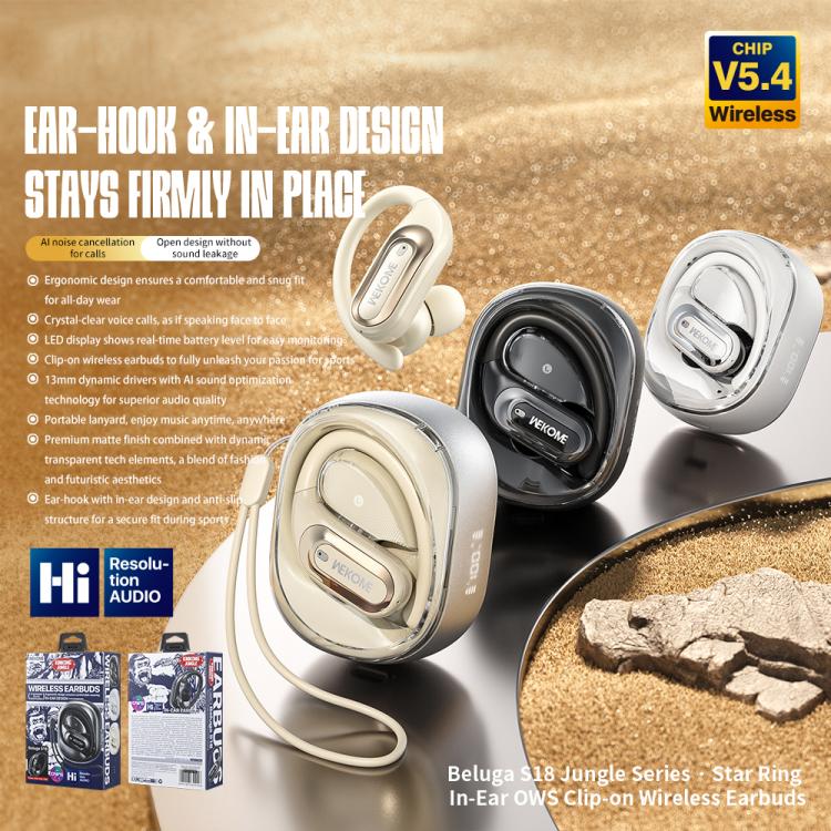 WK Beluga S18 Jungle Series Star Ring In-Ear OWS Clip-on Wireless Earbuds(Black) - TWS Earphone by WK | Online Shopping UK | buy2fix
