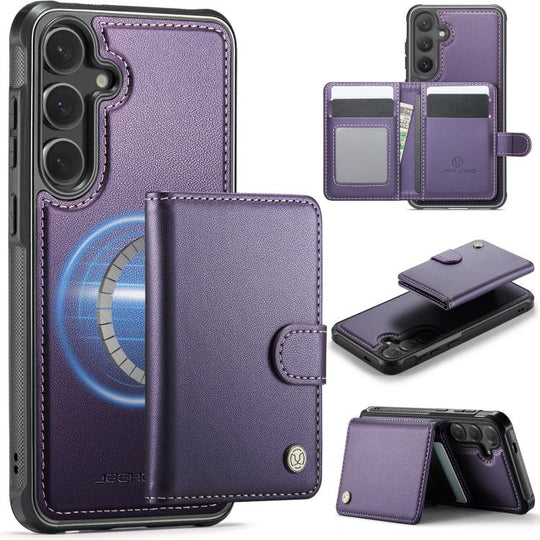 For Samsung Galaxy S25+ 5G JEEHOOD J09 Buckle Card Bag MagSafe Magnetic Style RFID Leather Phone Case(Purple)