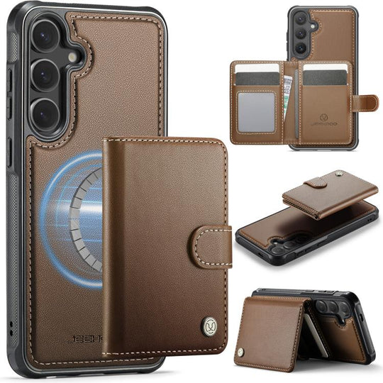 For Samsung Galaxy S25+ 5G JEEHOOD J09 Buckle Card Bag MagSafe Magnetic Style RFID Leather Phone Case(Brown)