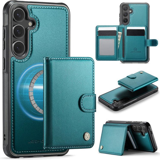 For Samsung Galaxy S25 5G JEEHOOD J09 Buckle Card Bag MagSafe Magnetic Style RFID Leather Phone Case(Green)
