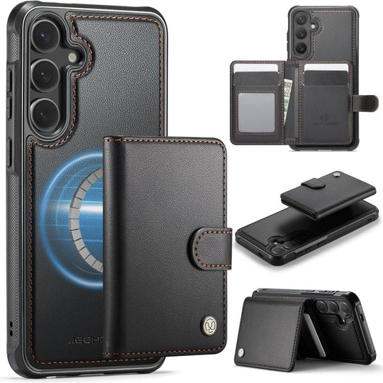 For Samsung Galaxy S25 5G JEEHOOD J09 Buckle Card Bag MagSafe Magnetic Style RFID Leather Phone Case(Black)