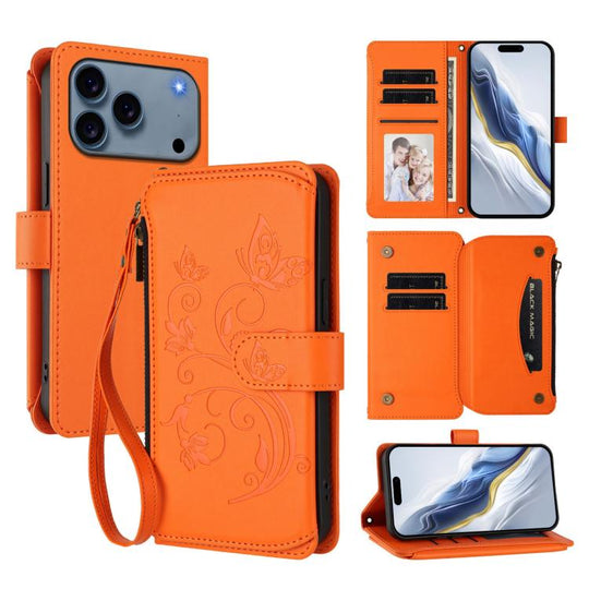 For iPhone 18 Pro Max / 17 Pro Max Butterfly Love Flower Multi-card Zipper Wallet Leather Phone Case(Orange)
