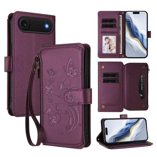 For iPhone Air Butterfly Love Flower Multi-card Zipper Wallet Leather Phone Case(Dark Purple) - iPhone Air Cases by buy2fix | Online Shopping UK | buy2fix