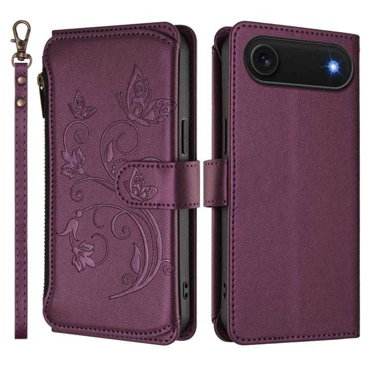 For iPhone Air Butterfly Love Flower Multi-card Zipper Wallet Leather Phone Case(Dark Purple) - iPhone Air Cases by buy2fix | Online Shopping UK | buy2fix