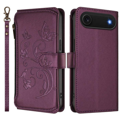 For iPhone Air Butterfly Love Flower Multi-card Zipper Wallet Leather Phone Case(Dark Purple) - iPhone Air Cases by buy2fix | Online Shopping UK | buy2fix