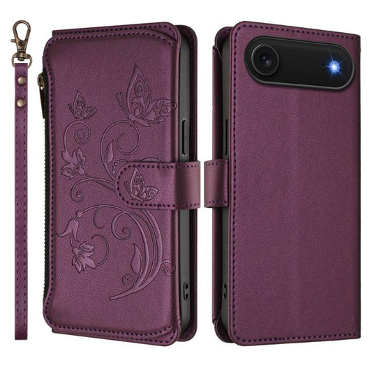 For iPhone Air Butterfly Love Flower Multi-card Zipper Wallet Leather Phone Case(Dark Purple) - iPhone Air Cases by buy2fix | Online Shopping UK | buy2fix