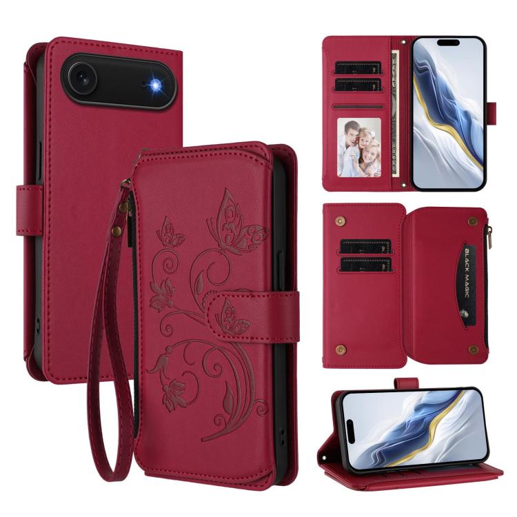 For iPhone Air Butterfly Love Flower Multi-card Zipper Wallet Leather Phone Case(Wine Red) - iPhone Air Cases by buy2fix | Online Shopping UK | buy2fix