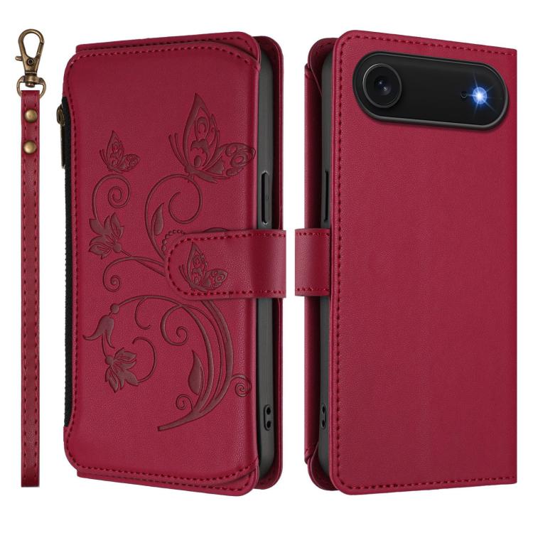 For iPhone Air Butterfly Love Flower Multi-card Zipper Wallet Leather Phone Case(Wine Red) - iPhone Air Cases by buy2fix | Online Shopping UK | buy2fix