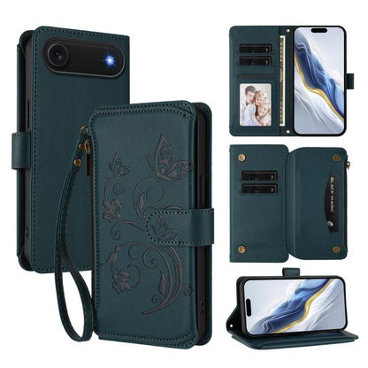 For iPhone Air Butterfly Love Flower Multi-card Zipper Wallet Leather Phone Case(Dark Green) - iPhone Air Cases by buy2fix | Online Shopping UK | buy2fix