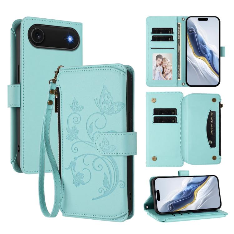 For iPhone Air Butterfly Love Flower Multi-card Zipper Wallet Leather Phone Case(Mint Green) - iPhone Air Cases by buy2fix | Online Shopping UK | buy2fix