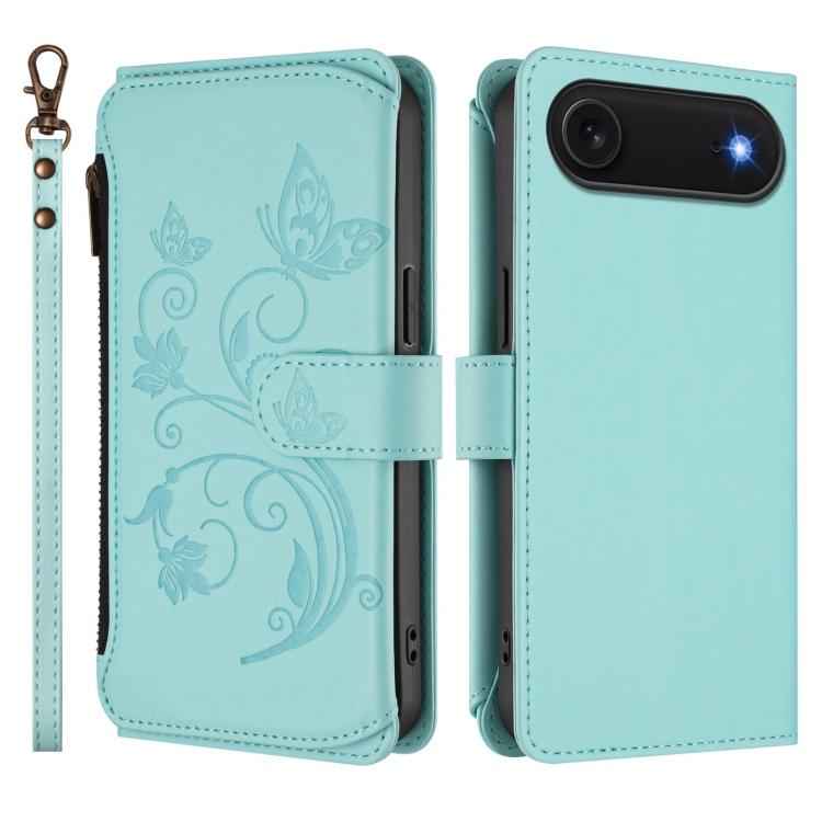 For iPhone Air Butterfly Love Flower Multi-card Zipper Wallet Leather Phone Case(Mint Green) - iPhone Air Cases by buy2fix | Online Shopping UK | buy2fix