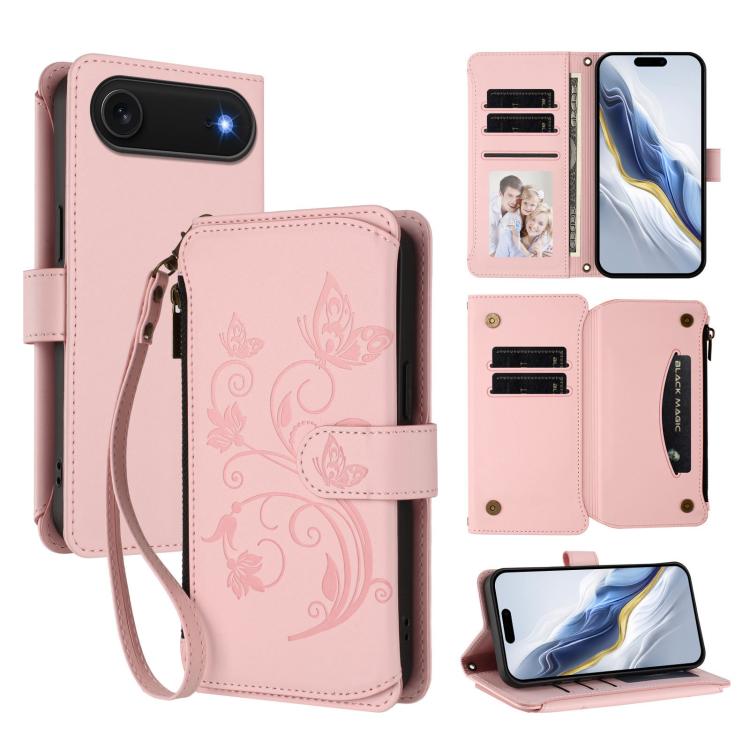 For iPhone Air Butterfly Love Flower Multi-card Zipper Wallet Leather Phone Case(Pink) - iPhone Air Cases by buy2fix | Online Shopping UK | buy2fix