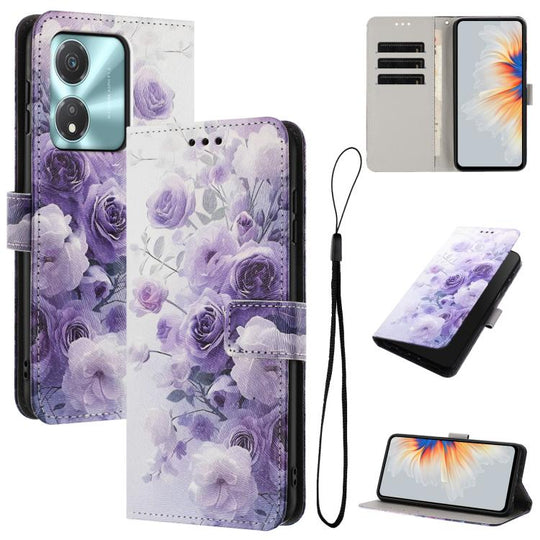 For Honor X5c Plus Color Drawing Pattern Leather Phone Case(Purple Rose)