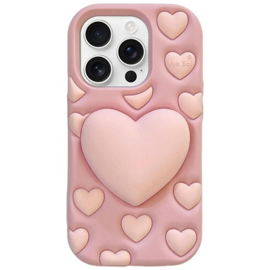 For iPhone 16 Pro 3D Heart Holder Silicone Phone Case(Pink)