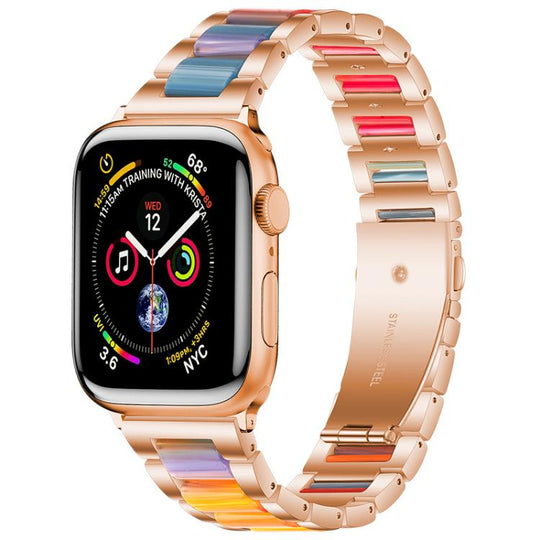 For Apple Watch 42 / 44 / 45 / 46 / 49mm xDfind Three Beads Metal Resin Watch Band(Rose Gold Rainbow)