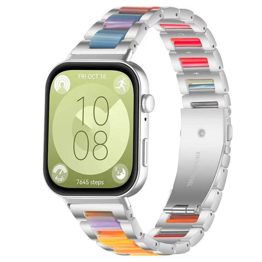 For Huawei Watch Fit4 / Fit4 Pro / Fit3 xDfind Three Beads Metal Resin Watch Band(Silver Rainbow)
