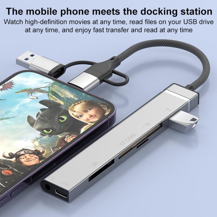 USB / Type-C / 8 Pin to CF / TF / SD Card Reader, 3.5mm HUB Adapter 6 in 1 Docking Station(Silver) - USB 3.0 HUB by buy2fix | Online Shopping UK | buy2fix