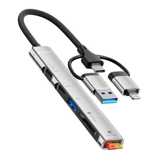 3 in 1 USB / Type-C / 8 Pin to TF / SD Card Reader, USB, Type-C HUB Adapter Docking Station(Silver)