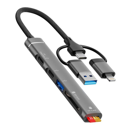 3 in 1 USB / Type-C / 8 Pin to TF / SD Card Reader, USB, Type-C HUB Adapter Docking Station(Grey)