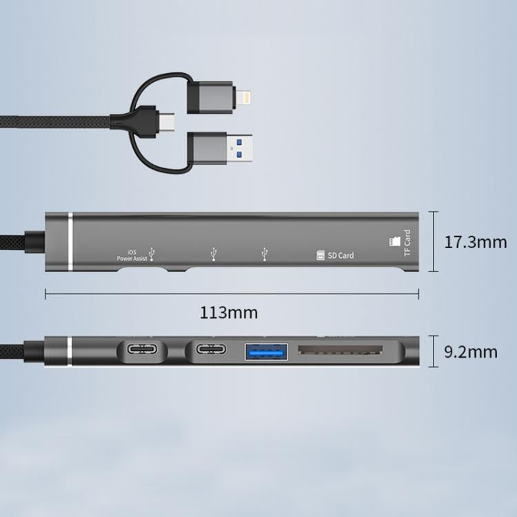 USB / Type-C / 8 Pin to TF / SD Card Reader, USB, Type-C HUB Adapter 5 in 1 Docking Station(Grey) - USB 3.0 HUB by buy2fix | Online Shopping UK | buy2fix
