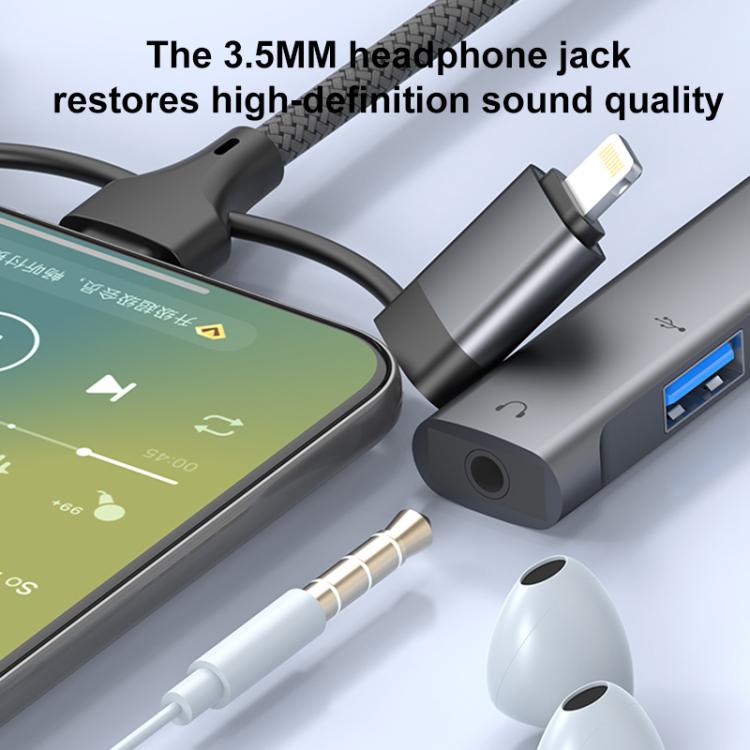 USB / Type-C / 8 Pin to 3.5mm, PD, 2 x USB, Type-C HUB Adapter 5 in 1 Docking Station(Grey) - USB 3.0 HUB by buy2fix | Online Shopping UK | buy2fix