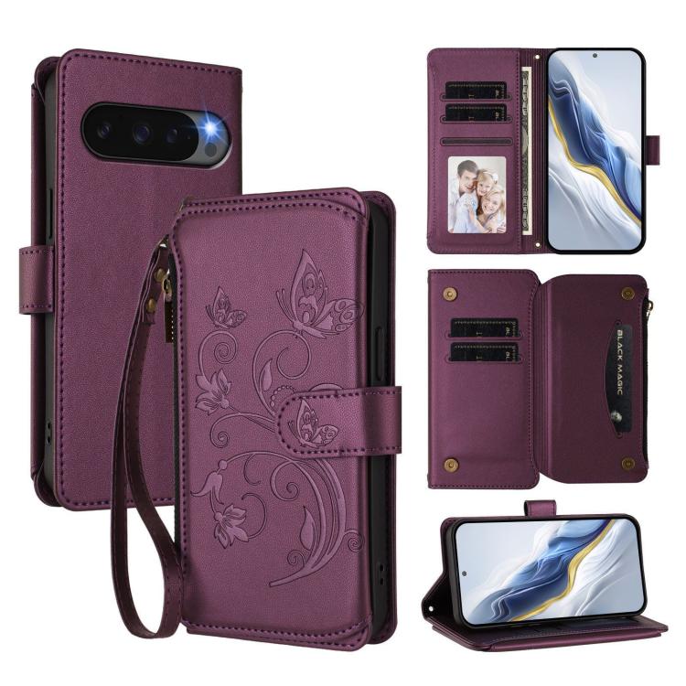 For Google Pixel 10 / 10 Pro / 9 Pro Butterfly Love Flower Multi-card Zipper Wallet Leather Phone Case(Dark Purple) - Google Cases by buy2fix | Online Shopping UK | buy2fix