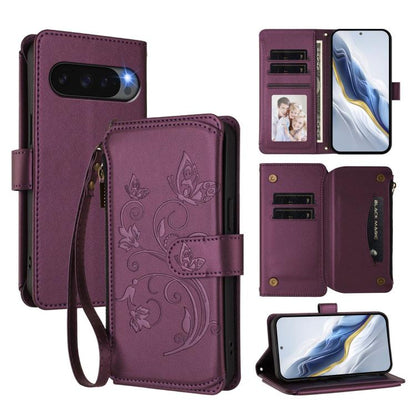 For Google Pixel 10 / 10 Pro / 9 Pro Butterfly Love Flower Multi-card Zipper Wallet Leather Phone Case(Dark Purple) - Google Cases by buy2fix | Online Shopping UK | buy2fix