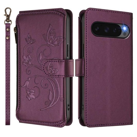 For Google Pixel 10 / 10 Pro / 9 Pro Butterfly Love Flower Multi-card Zipper Wallet Leather Phone Case(Dark Purple) - Google Cases by buy2fix | Online Shopping UK | buy2fix