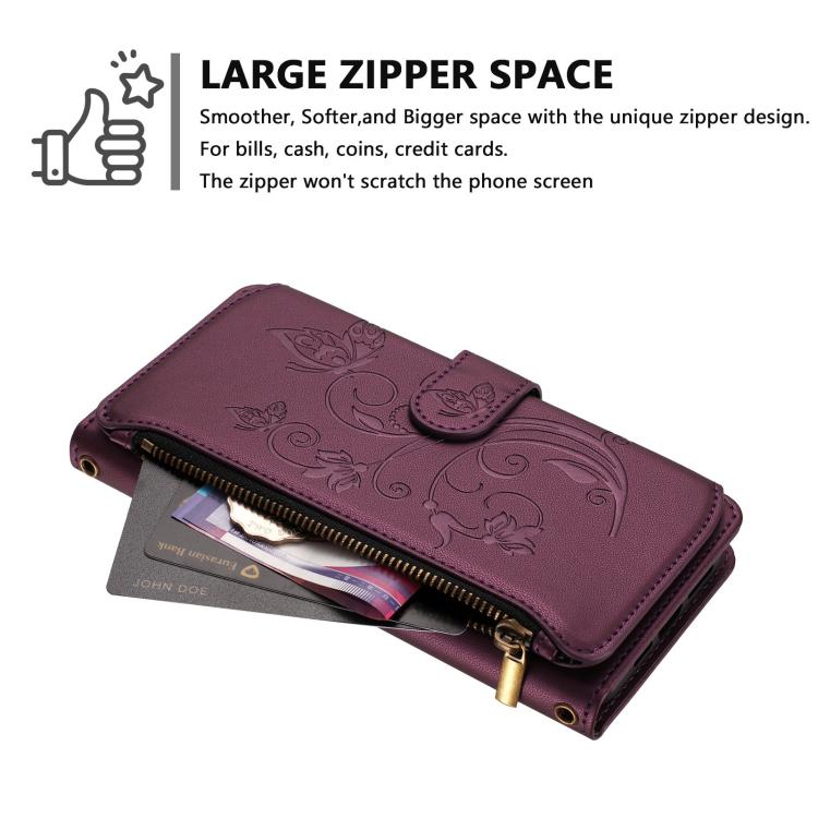 For Google Pixel 10 / 10 Pro / 9 Pro Butterfly Love Flower Multi-card Zipper Wallet Leather Phone Case(Dark Purple) - Google Cases by buy2fix | Online Shopping UK | buy2fix