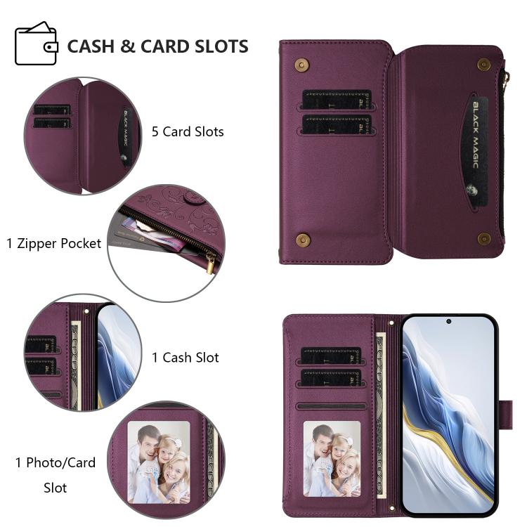 For Google Pixel 10 / 10 Pro / 9 Pro Butterfly Love Flower Multi-card Zipper Wallet Leather Phone Case(Dark Purple) - Google Cases by buy2fix | Online Shopping UK | buy2fix