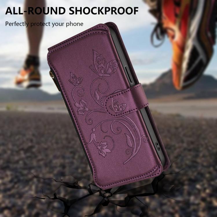 For Google Pixel 10 / 10 Pro / 9 Pro Butterfly Love Flower Multi-card Zipper Wallet Leather Phone Case(Dark Purple) - Google Cases by buy2fix | Online Shopping UK | buy2fix
