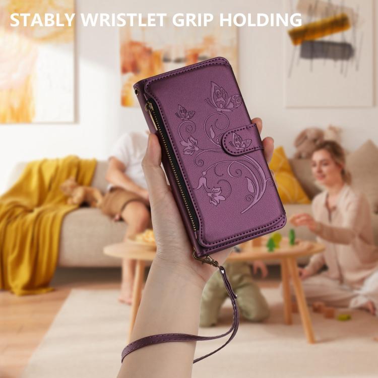 For Google Pixel 10 / 10 Pro / 9 Pro Butterfly Love Flower Multi-card Zipper Wallet Leather Phone Case(Dark Purple) - Google Cases by buy2fix | Online Shopping UK | buy2fix