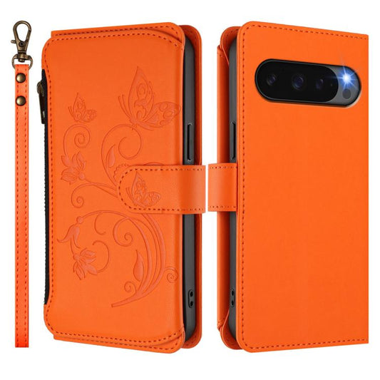 For Google Pixel 10 / 10 Pro / 9 Pro Butterfly Love Flower Multi-card Zipper Wallet Leather Phone Case(Orange) - Google Cases by buy2fix | Online Shopping UK | buy2fix