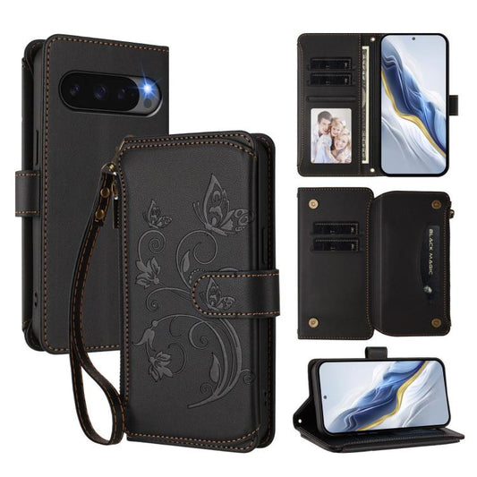 For Google Pixel 10 / 10 Pro / 9 Pro Butterfly Love Flower Multi-card Zipper Wallet Leather Phone Case(Black) - Google Cases by buy2fix | Online Shopping UK | buy2fix