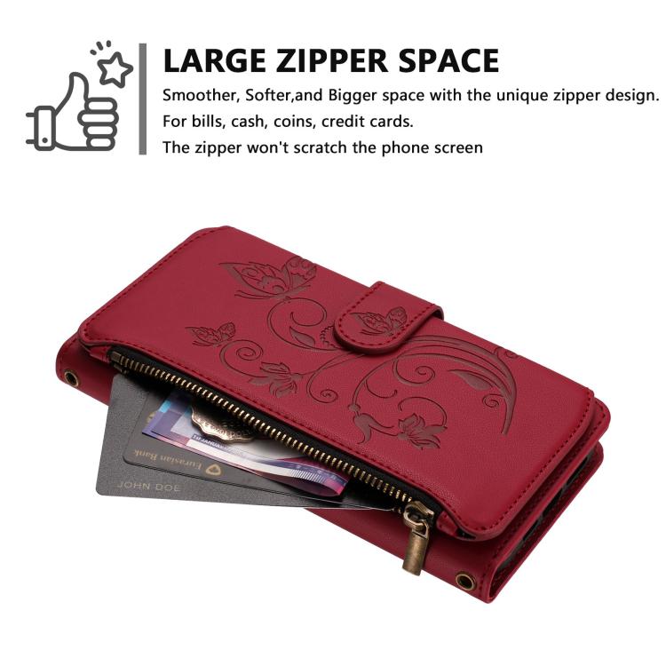 For Google Pixel 10 Pro XL / 9 Pro XL Butterfly Love Flower Multi-card Zipper Wallet Leather Phone Case(Wine Red) - Google Cases by buy2fix | Online Shopping UK | buy2fix