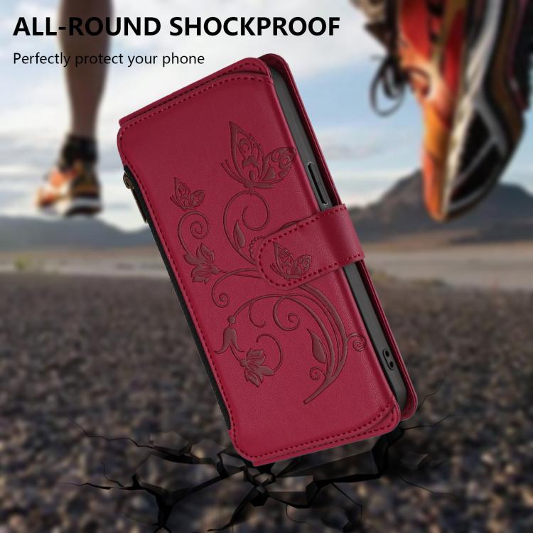 For Google Pixel 10 Pro XL / 9 Pro XL Butterfly Love Flower Multi-card Zipper Wallet Leather Phone Case(Wine Red) - Google Cases by buy2fix | Online Shopping UK | buy2fix