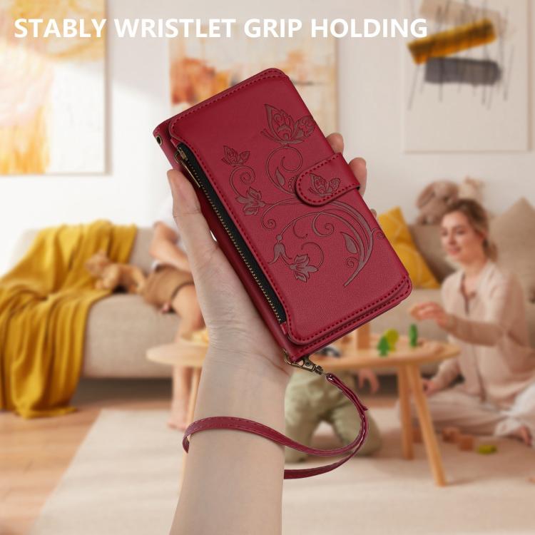 For Google Pixel 10 Pro XL / 9 Pro XL Butterfly Love Flower Multi-card Zipper Wallet Leather Phone Case(Wine Red) - Google Cases by buy2fix | Online Shopping UK | buy2fix