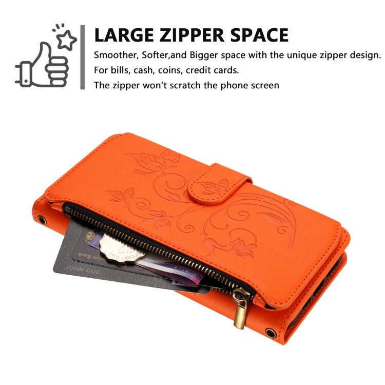 For Google Pixel 10 Pro XL / 9 Pro XL Butterfly Love Flower Multi-card Zipper Wallet Leather Phone Case(Orange) - Google Cases by buy2fix | Online Shopping UK | buy2fix